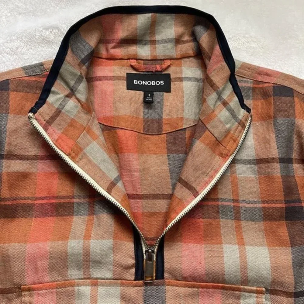 Bonobos Men's  Plaid Rust‎ Color Long Sleeve 100% Linen Anorak Size Small NEW